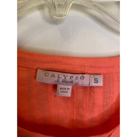 Calypso Linen 3/4 Sleeve Scooped Neckline Pleated Front Blouse Coral Size Small - Picture 3 of 9